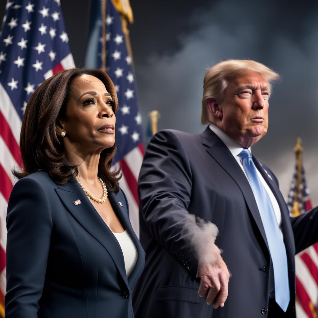  Kamala Harris standing confidently while Donald Trump is bending down in front of her, crying with tears streaming down his face. hyperrealistic, full body, detailed clothing, highly detailed, cinematic lighting, stunningly beautiful, intricate, sharp focus, f/1. 8, 85mm, (centered image composition), (professionally color graded), ((bright soft diffused light)), volumetric fog, trending on instagram, trending on tumblr, HDR 4K, 8K