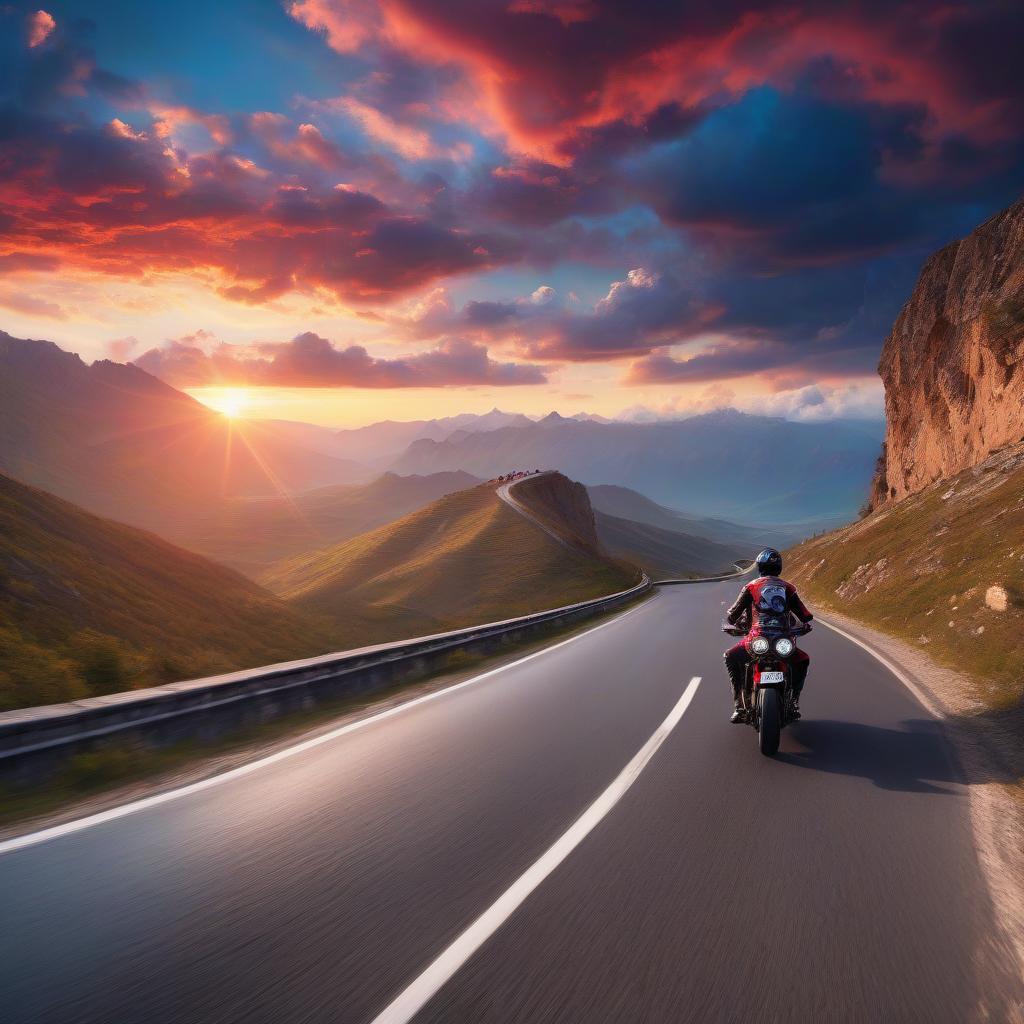  (majestic mountain, serpentine) along a circular narrow road to the top of the mountain, ((two motorcyclists are driving) at high speed, along the very edge of the (narrow) road, dynamics, blue clouds are visible in the distance, a crimson sunset illuminates its sharp edges, high quality, excellent detail