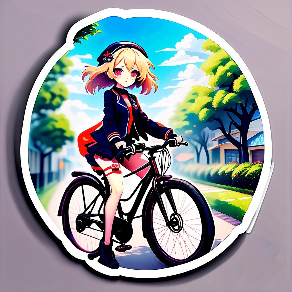  anime artwork anime girl on a bicycle, round sticker . anime style, key visual, vibrant, studio anime, highly detailed, sticker