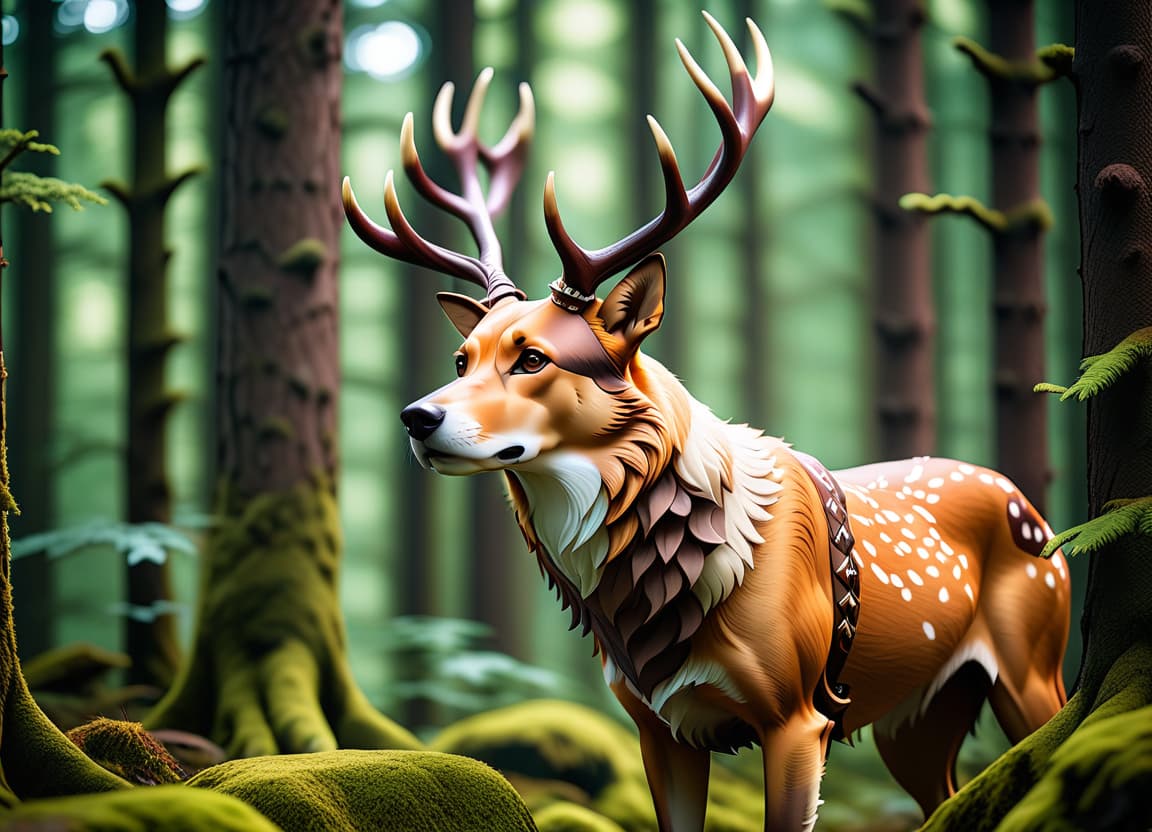  cinematic photo animal, mythical animal, dog with full stag horns, forest, dog, forest spirit animal, forest spirit, patterns, unusual color, full height, stands sideways . 35mm photograph, film, bokeh, professional, 4k, highly detailed