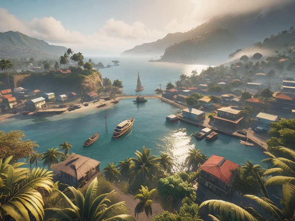  jamaican town, grand theft auto, by the bay, ((mystical)) hyperrealistic, full body, detailed clothing, highly detailed, cinematic lighting, stunningly beautiful, intricate, sharp focus, f/1. 8, 85mm, (centered image composition), (professionally color graded), ((bright soft diffused light)), volumetric fog, trending on instagram, trending on tumblr, HDR 4K, 8K