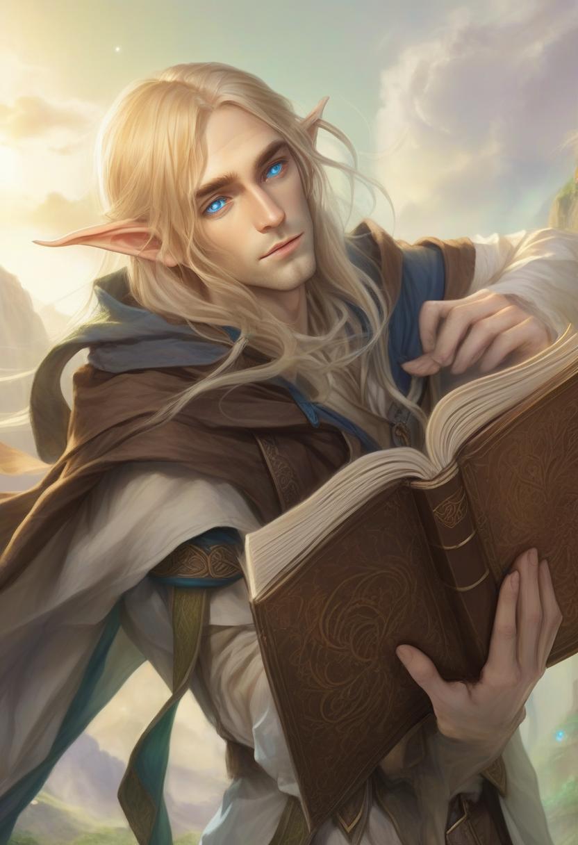  role playing game (rpg) style fantasy a beautiful elf with long straw hair and blue eyes, dressed in a white shirt and beige pants, hangs a brown cloak on his shoulders, holds an open book in his hands . detailed, vibrant, immersive, reminiscent of high fantasy rpg games, hkmagic