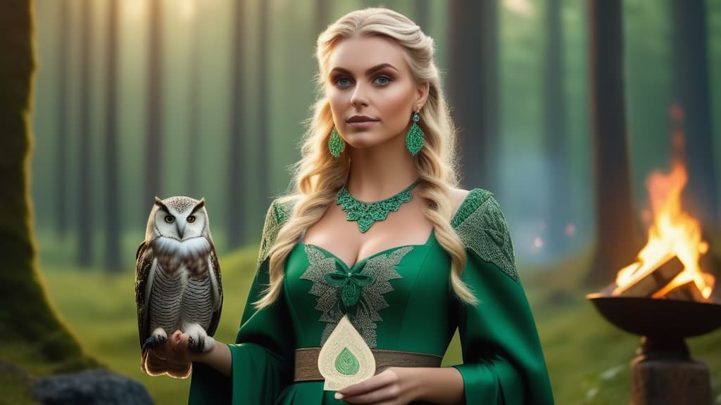  Blonde shaman in a beautiful green dress with cards in her hand and an owl on her shoulder, against the backdrop of a forest and a fire ar 16:9 high quality, detailed intricate insanely detailed, flattering light, RAW photo, photography, photorealistic, ultra detailed, depth of field, 8k resolution , detailed background, f1.4, sharpened focus