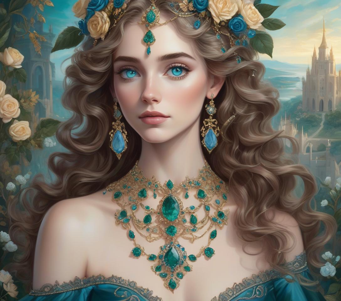  a fantastical portrait of a woman with wavy hair, adorned with jewelry, set against a floral and landscape backdrop. a whimsical, fantasy themed portrait of a young woman with fair skin and large, captivating blue eyes. her long, voluminous wavy hair cascades over her shoulders in shades of chestnut accented with deep gray undertones. she wears an intricate, baroque style headpiece adorned with teal blue roses, emerald green leaves, and delicate gold embellishments, complementing her ornate teal and gold chandelier earrings and matching necklace, both encrusted with sapphires and emeralds. the woman's expression is serene yet enigmatic, with a slight tilt of her head, as she rests her chin gracefully on her upraised right hand. her left a