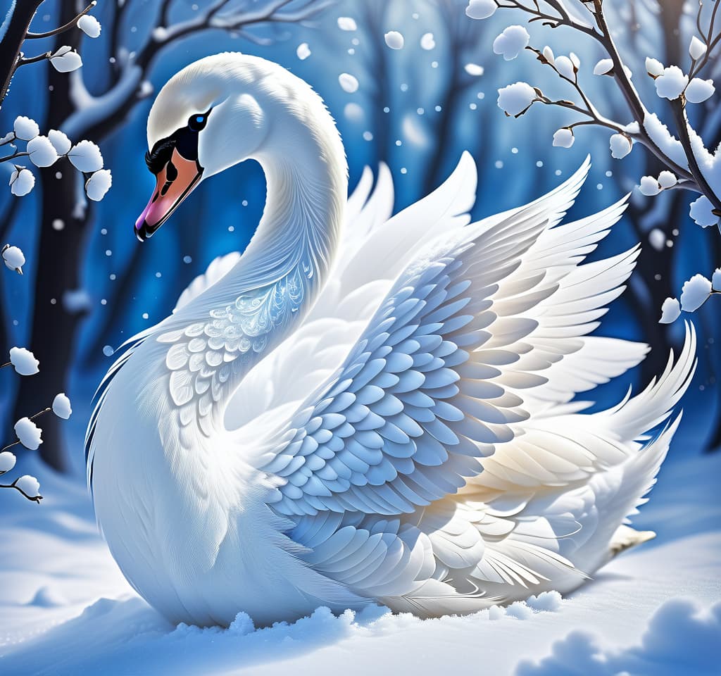  dreamscape (blue eyed) i've been jinxed (snow singer1,8) . ((snow swan)) ((the snow swan)) feathers at my feet. ( feathers flutterь. and slowly sink into the snow).(snow white swan):the head and torso are creamy white with a silvery tint. wings of white blue colour from snowflakes (roses): light blue colour with leaves from ice crystals. background: soft blue with delicate patterns of falling snow and whirlwind curls. . surreal, ethereal, dreamy, mysterious, fantasy, highly detailed, civitai, hkmagic