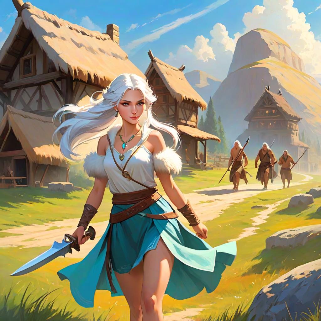  ethereal fantasy concept art of two stone age woman hunts in the steppe with a bludgeon, outdoor, at full heigh body, with white hair, slender, slim waist, long loincloth, fur skirt, wolf fur clothing, tanned skin, at full heigh body, action pose, full heigh body, against the backdrop of a stone age village, . magnificent, celestial, ethereal, painterly, epic, majestic, magical, fantasy art, cover art, dreamy