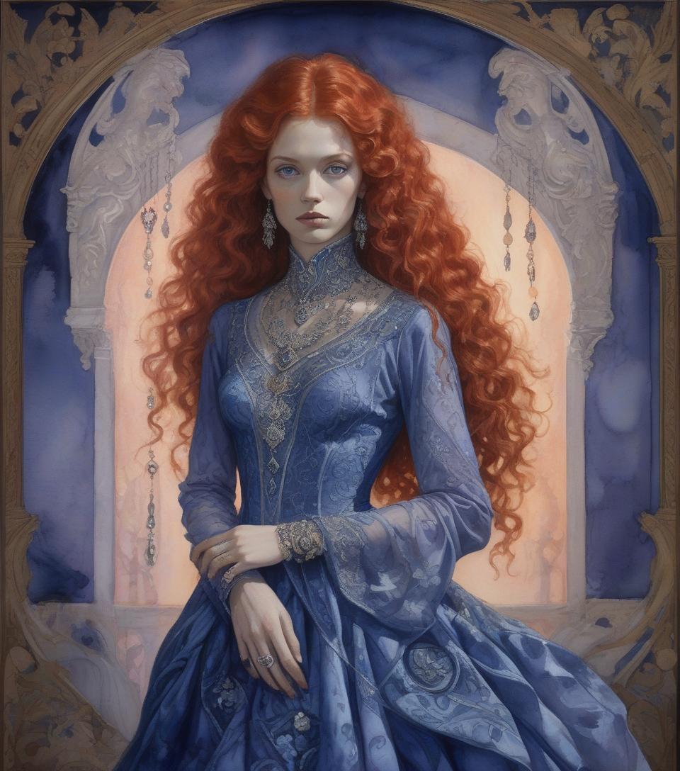  a portrait of a woman with voluminous red hair, fair skin, in a detailed blue gown with ornate jewelry, exuding a regal aura. ((watercolor oil painting, red lighting shadows, gail potocki, sergio toppi, leonor fini, sidney sime)) a beautiful young woman with hair the color of spun copper, adorned in a rich blue dress with violet hues, its fabric detailed with intricate silver embroidery that hints at a past life of opulence, now tarnished by loss. she is surrounded by forgotten treasures, the moonlight illuminating her lost dreams. a night black raven near her shoulder, maybe, she could mend the broken pieces of her own heart, one stitch at a time.