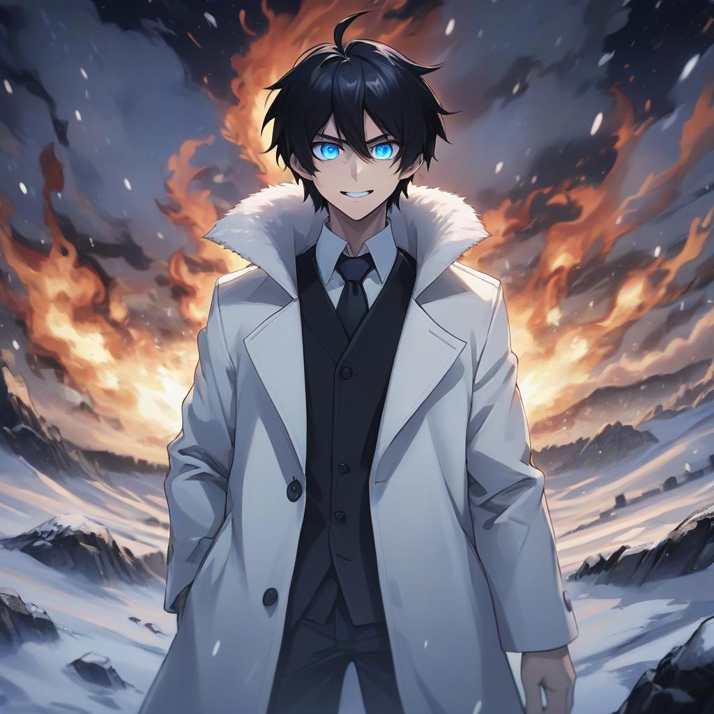  anime artwork a snowy field, a man in a white coat scorched from below, black hair, blue eyes, a devilish smile of hundreds of teeth, a night shrouded in darkness . anime style, key visual, vibrant, studio anime, highly detailed