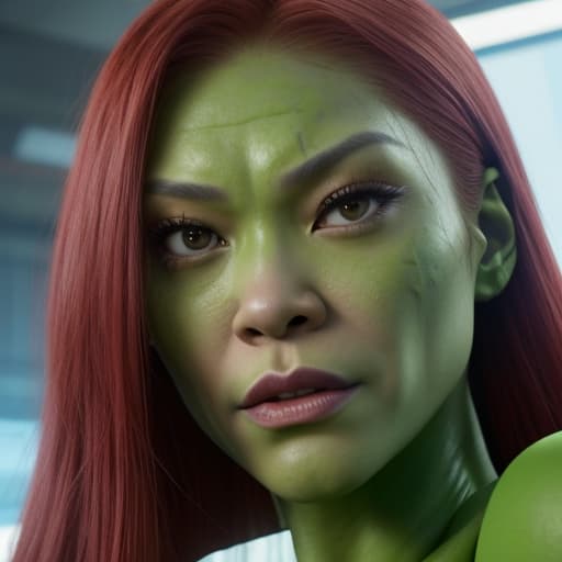  (Jennie Kim:1) a close up of a woman with red hair and green makeup, gamora, zendaya as she-hulk, zoe saldana, green skinned, in avengers movie, still from marvel movie, beautiful android woman, from guardians of the galaxy, marvel movie still, beautiful crying! android woman, she - hulk, skin painted with green, from a marvel movie, green skin