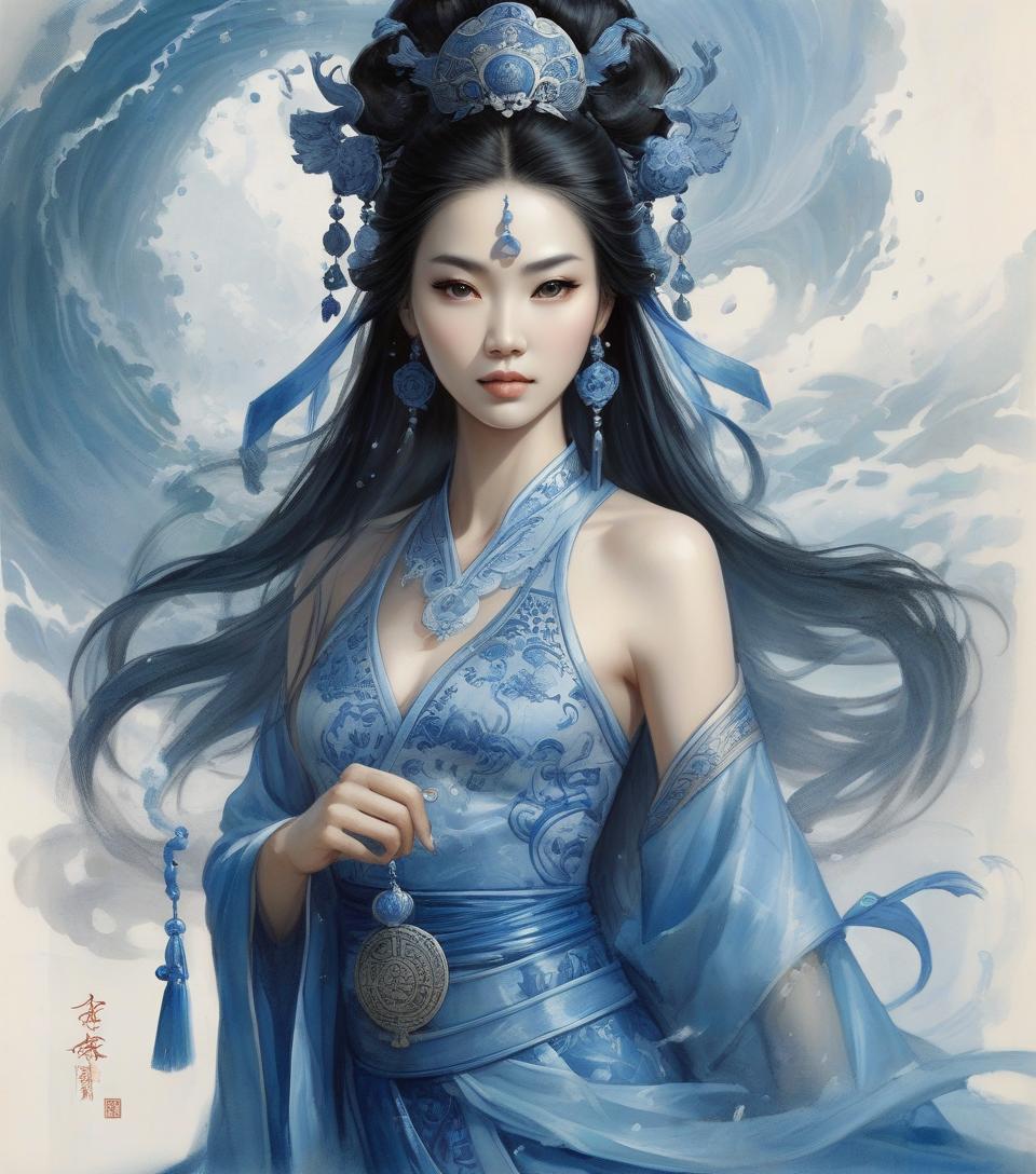  a painting of a woman with a blue hat and a blue dress, ancient asian dynasty princess, ancient chinese goddess, beautiful render of tang dynasty, beautiful oriental woman, chinese art, oriental fantasy, ancient chinese beauties, ancient chinese princess, queen of the sea mu yanling, asian female water elemental, ancient china art style, by luis royo, chinese style painting, watercolor, trending on artstation, sharp focus, studio photo, intricate details, highly detailed, by greg rutkowski