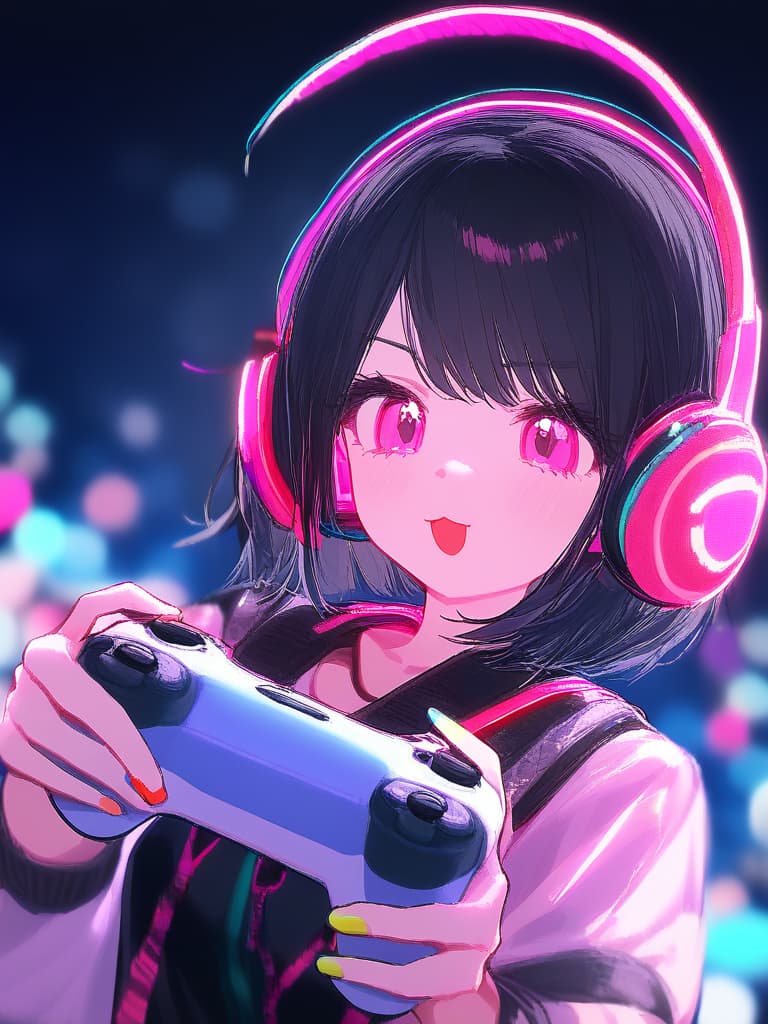  ,(1girl:1.5)(black hair:2.0)((bob hair:2.0))( headphones🎧:2.0)(holding game controller🎮:2.0)( neon color:2.0)high quality,16k,cute face,neon pink eyes