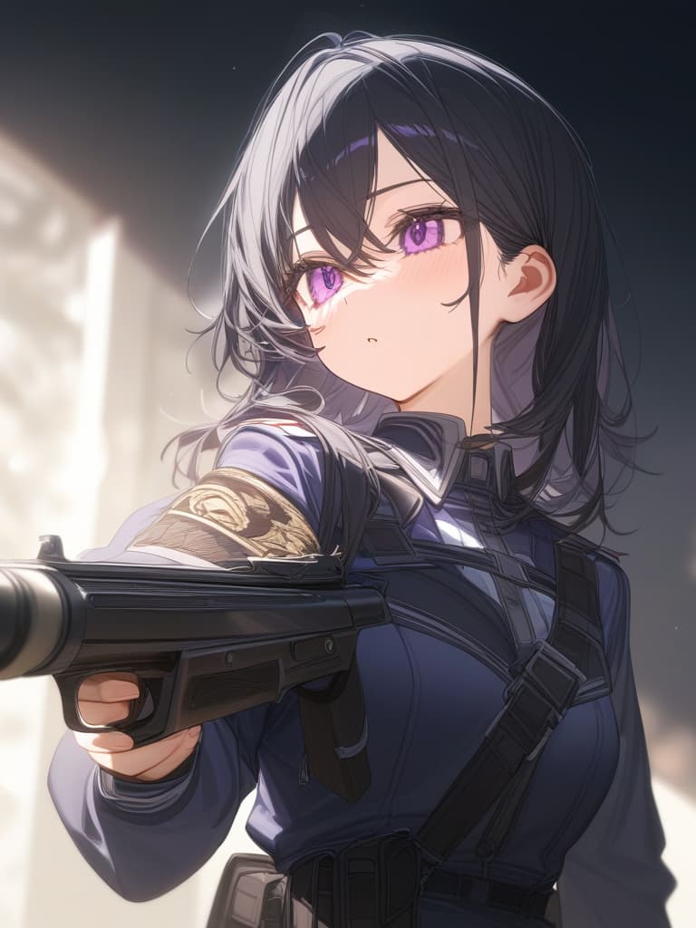  uniform, black hair, long, purple eyes, gun, masterpiece, best quality,8k,ultra detailed,high resolution,an extremely delicate and beautiful,hyper detail