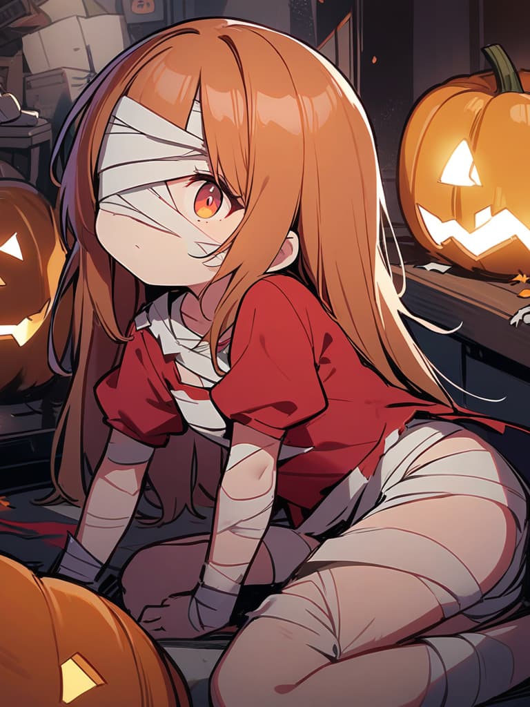  halloween,mummy,girl with (lots of bandages all over her body:1.4),has a bandage wrapped around the head,hair over one eye,pawpose,jack o' lantern and bat in the back ground,haunted house,high resolution,ultra detailed,best quality,cute illustration,