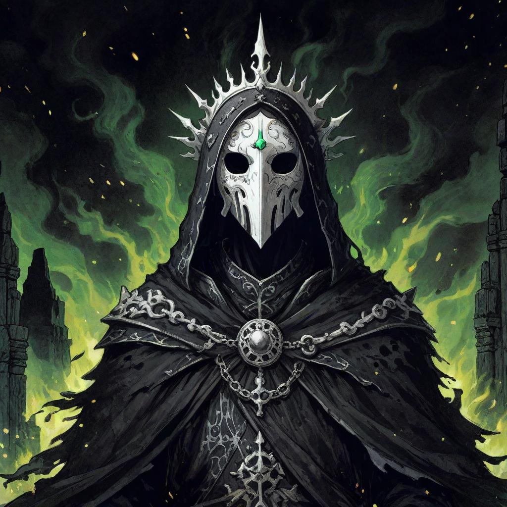  manga artwork dark figure with a ornamented black tunic, white bone mask and a white bone crown. the background has stone ruins and green flames. rpg anime style . manga artist. manga, highly emotional. best quality, high resolution