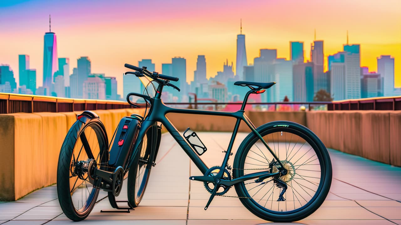  a sleek urban cycling bike parked against a vibrant cityscape, featuring a minimalist frame, comfortable saddle, and smooth tires. surrounding are bustling streets, modern buildings, and colorful street art, capturing the essence of city life. hyperrealistic, full body, detailed clothing, highly detailed, cinematic lighting, stunningly beautiful, intricate, sharp focus, f/1. 8, 85mm, (centered image composition), (professionally color graded), ((bright soft diffused light)), volumetric fog, trending on instagram, trending on tumblr, HDR 4K, 8K