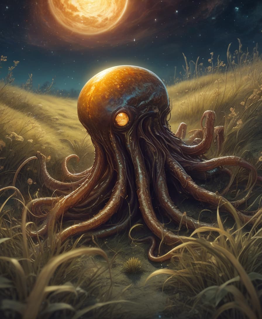  lovecraftian horror amber lies in the grass, an endless wasteland. starry sky . eldritch, cosmic horror, unknown, mysterious, surreal, highly detailed