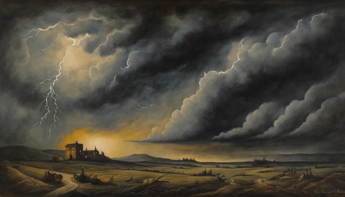  on parchment, surrealism++, dark, stormy night, threatening storm clouds, intense lightning strikes, sense of urgency, dramatic(mysterious, provocative, symbolic)++