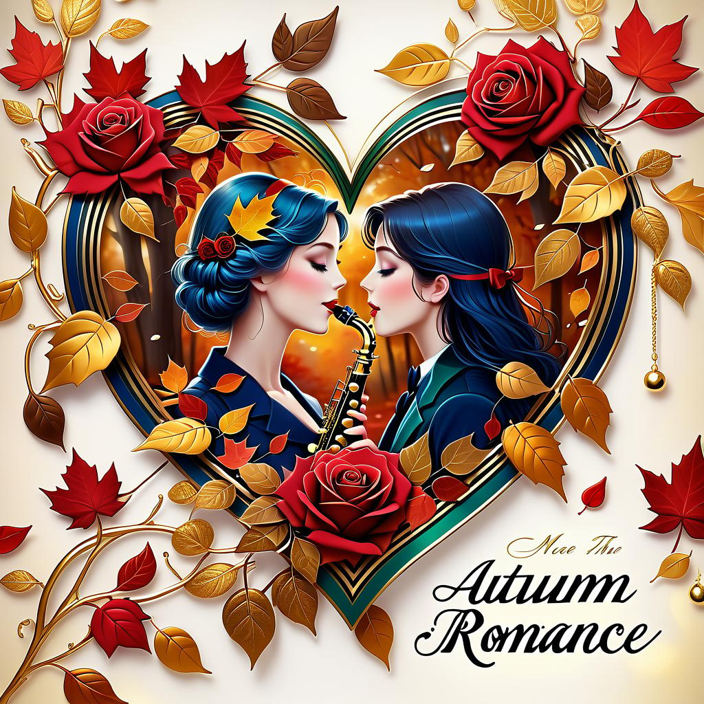  dreamscape (postcard background):falling autumn leaves, red roses, saxophone, satin ribbon, inscription "autumn romance" , retro, vintage, greeting card. autumn in the heart, (beautiful couple):man and woman, two faces in profile, heart scarlet rose (heart), beautiful figure of maple leaves outlines in the shape of a heart. (heart colour):night sky background, gold pattern. (style):fantasy, autumn art, autumn romance. (colours):gold, green gold, navy blue, red, red gold, brown gold, silver, golden blue, bluish blue. . surreal, ethereal, dreamy, mysterious, fantasy, highly detailed