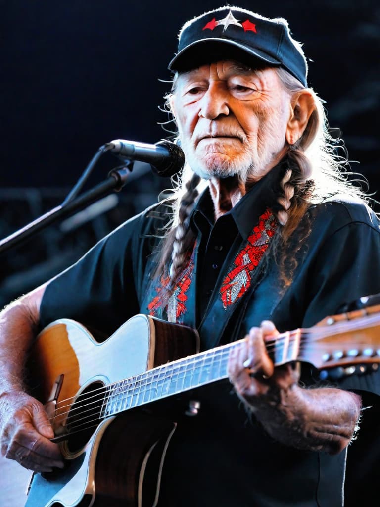  Singer Willie Nelson, medium shot, upper body, spotlight, long exposure lighting, street art style spray paint, glamour lighting