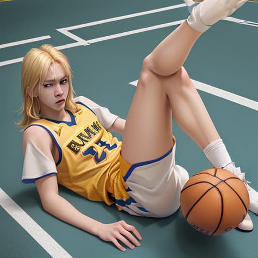  "blonde, fair skinned, wearing a basketball uniform, tall in height, with phoenix eyes and handsome features, lying on the ground holding his swollen ankle with a painful expression."