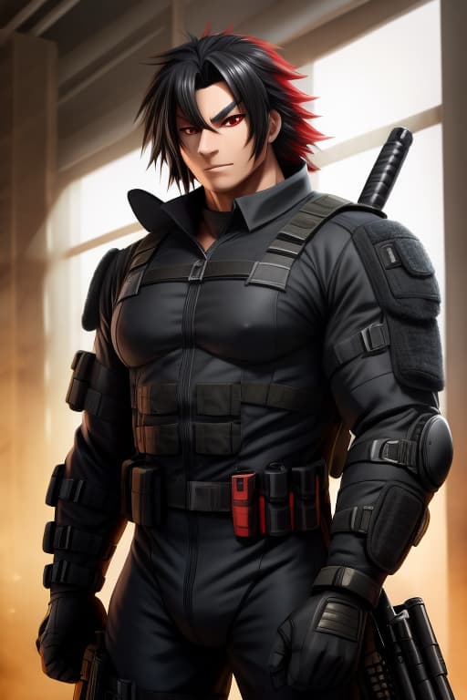  Anime, Male, Big muscles, Black messy hair, Bright red eyes, Skintight suit, tactical gear, weapon, open eyes, digital art, masterpiece, 4k, fine details,