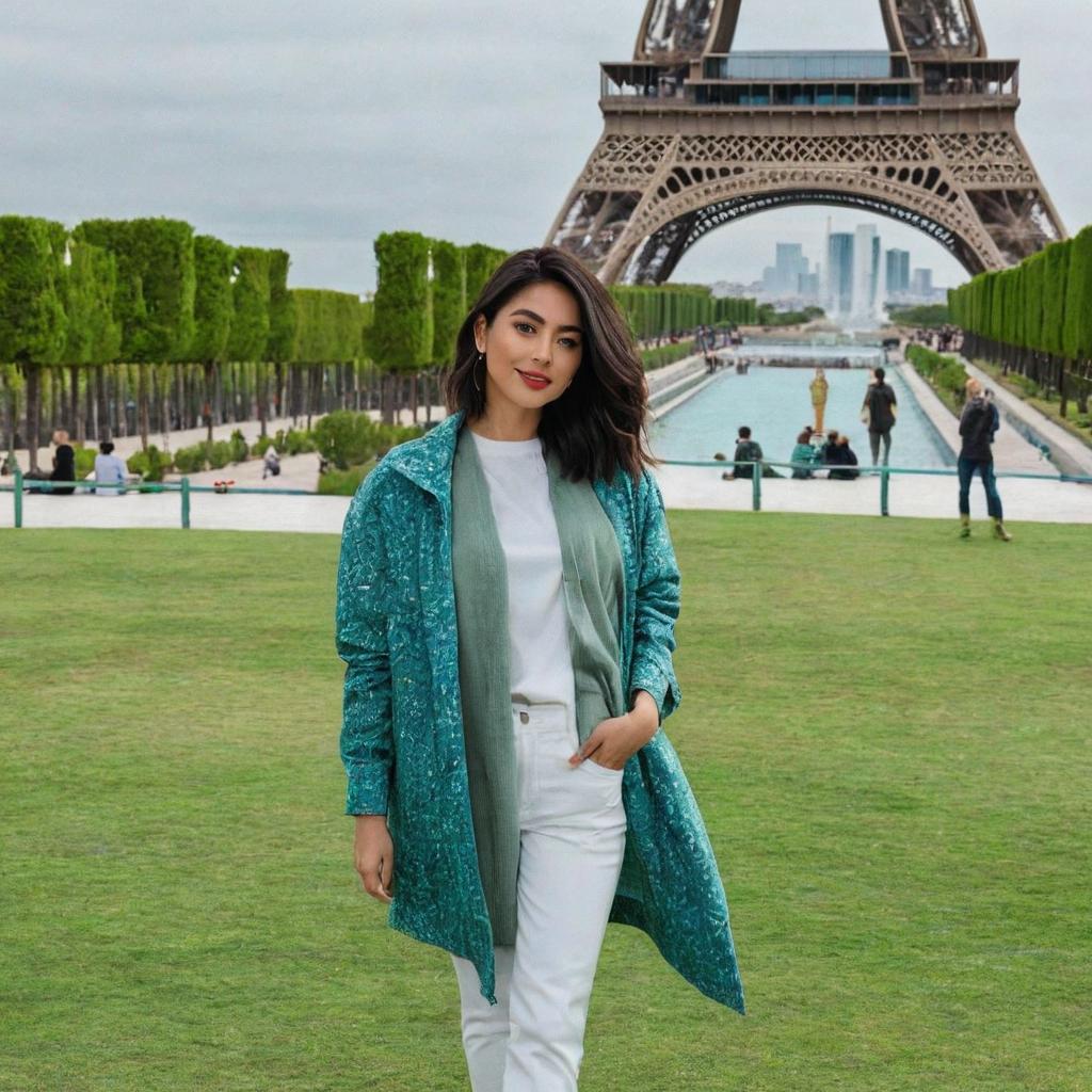  a person in casual attire standing in front of the eiffel tower.