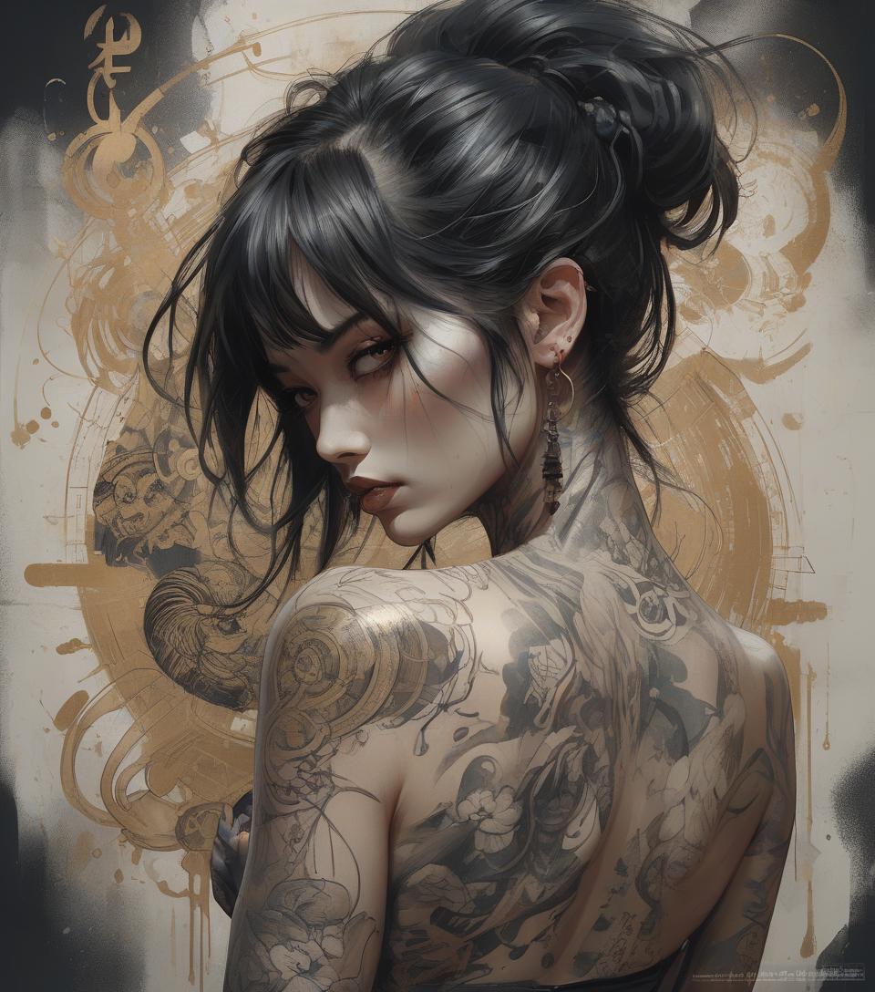  concept art aesthetic, painterly style, modern ink, asian , sensual, dark , yakuza tattoo, expressive pose, urbanpunk, multi layered abstract texture background, neo expressionist, russ mills, ian miller, harrison fisher, brian froud, jeremy mann, steadman, hanuka, klimt, bell, hobbie, newton, greg rutkowski, atmospheric, hyperdetail, artstation trend, artgerm, deviant art, octane, masterpiece, complex art, intricate details, matte film poster painting, golden ratio, trending on cgsociety, incredibly detailed and stunningly beautiful . digital artwork, ilrative, painterly, matte painting, highly detailed