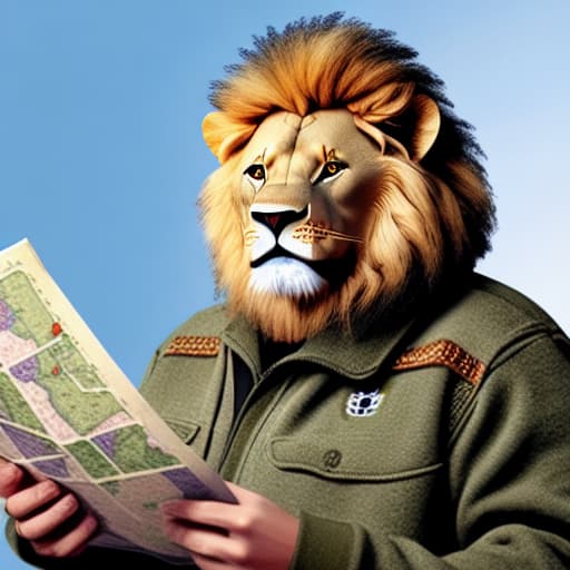  A cute lion wearing modern nato combat gear, looks like a Churchill character smoking a cigarette and perusing a map of Europe with is fellow allies as they decide the next battle strategy against the evil marauding enemy army marching towards the Europeans