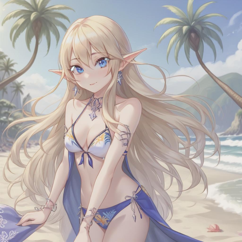  elf girl, blonde long loose hair, deep dark blue eyes, bikinis, small silver earrings, hairpin, beach, palm trees