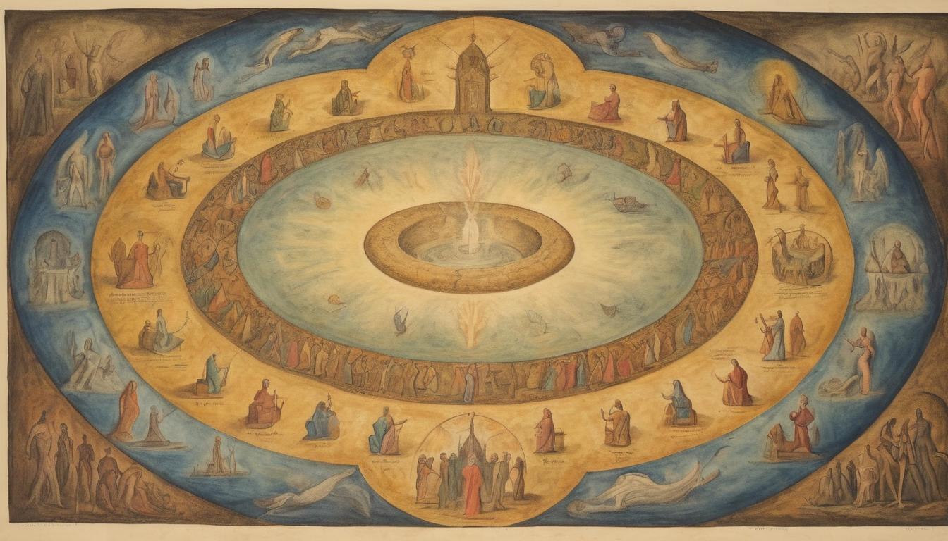  on parchment, surrealism++, a circle of individuals in an ancient, mystical chamber, each radiating a powerful aura, sanctuary, communion(mysterious, provocative, symbolic)++