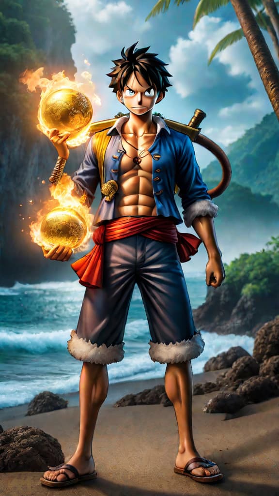  anime art: monkey d. luffy discovers one piece, sparking a pirate revolution for true dreams. hyperrealistic, full body, detailed clothing, highly detailed, cinematic lighting, stunningly beautiful, intricate, sharp focus, f/1. 8, 85mm, (centered image composition), (professionally color graded), ((bright soft diffused light)), volumetric fog, trending on instagram, trending on tumblr, HDR 4K, 8K