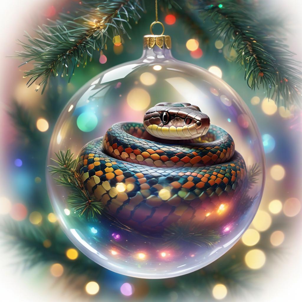  cute snake curled up in transparent christmas ball, hanging on christmas tree, colored lights, reflection of lights, spectrum of colors shimmering across its surface, pine branches in the soft focus background, capturing the essence of iridescence, digital painting, ultra realistic, soft natural light.