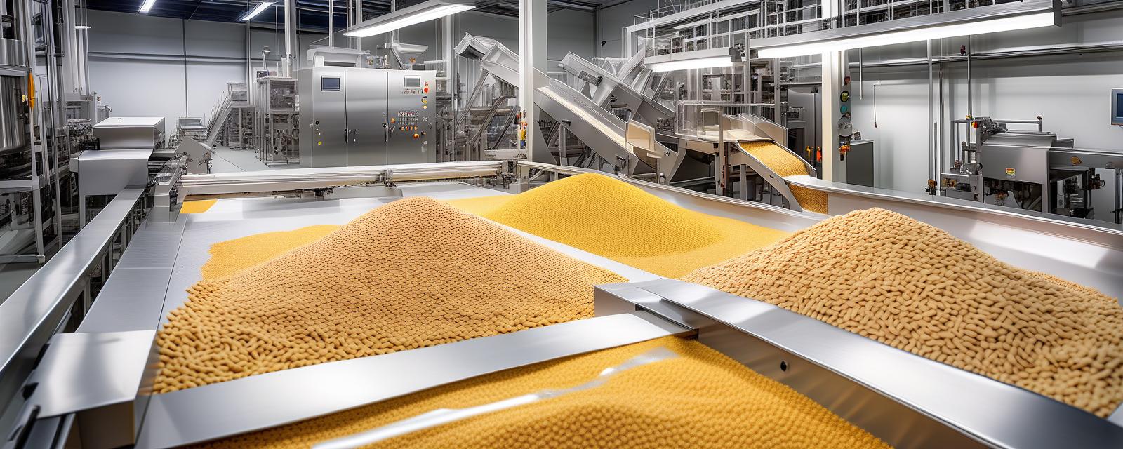  hdr photo of production line at the plant for the production of dry food for cats and dogs. white walls new equipment . high dynamic range, vivid, rich details, clear shadows and highlights, realistic, intense, enhanced contrast, highly detailed, perfect hands