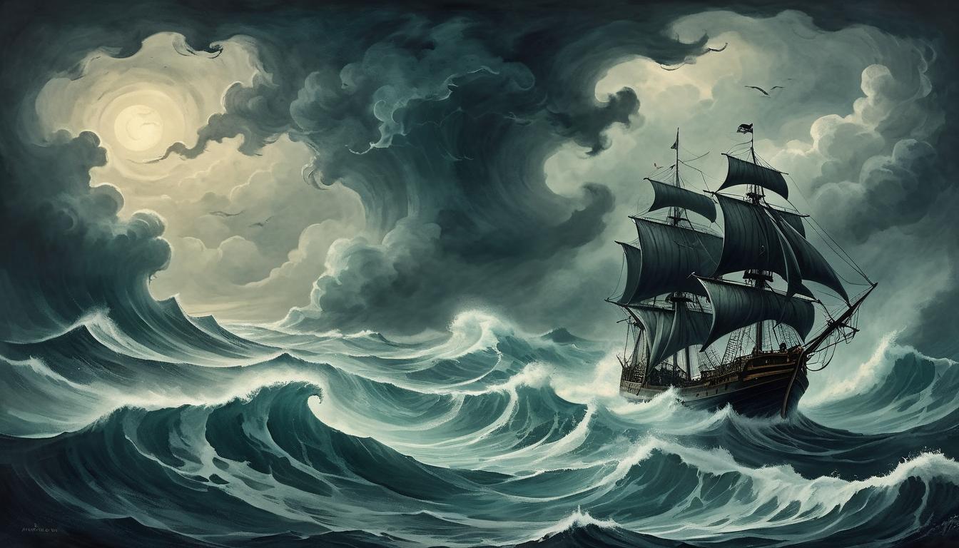  on parchment, surrealism+++, a dark, stormy sea with tumultuous waves, a lone ship pushing through towards a distant light on the horizon, struggle, determination(mysterious, provocative, symbolic,muted color)+++