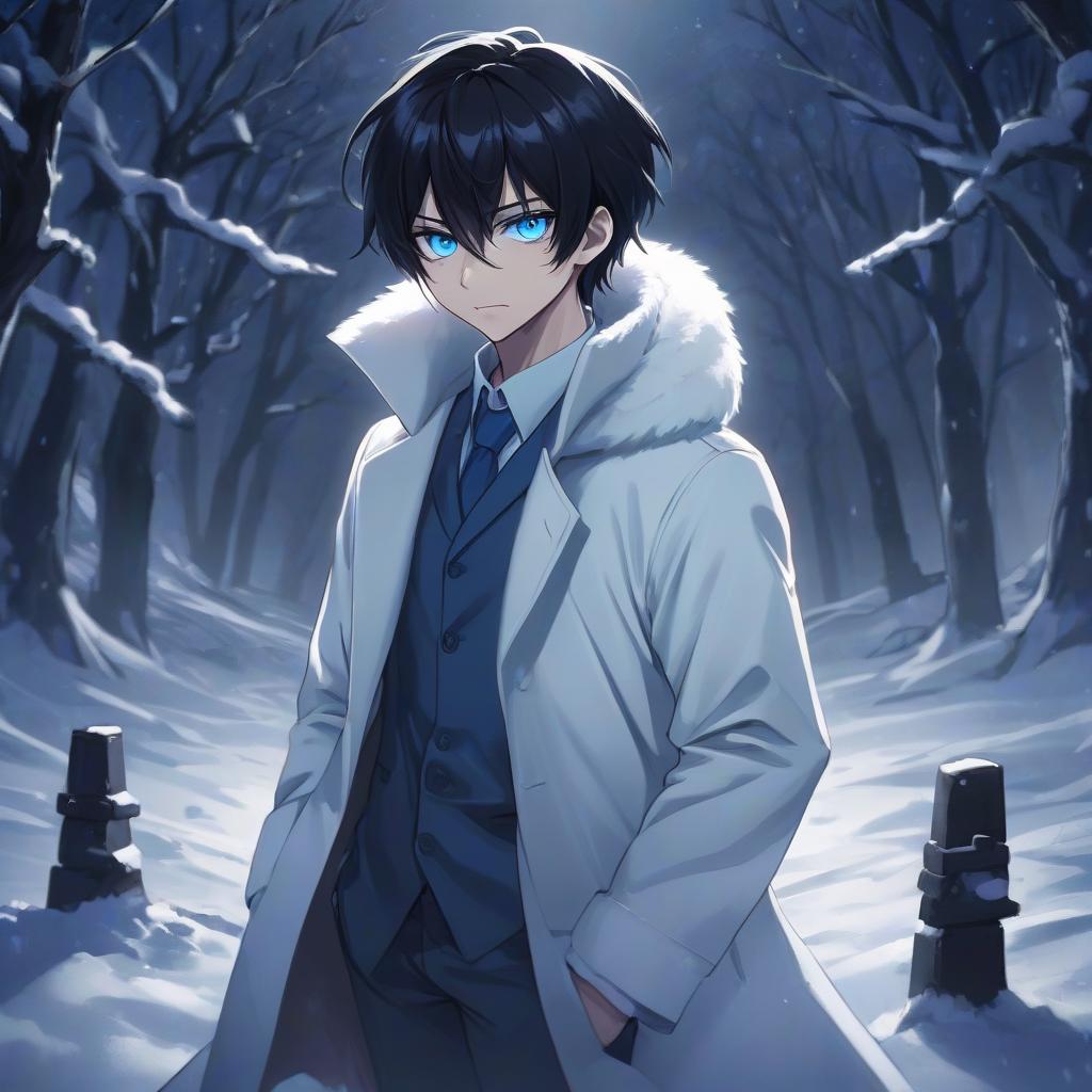  anime artwork a snowy field, a man in a white coat, black hair, blue eyes, a slit mouth, hundreds of teeth, a night shrouded in darkness . anime style, key visual, vibrant, studio anime, highly detailed