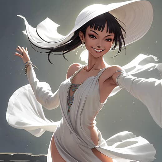  a thin lady holding a loose dress that is tight with both hands and is pulling it and smiling, ultra detailed, sharp, high quality