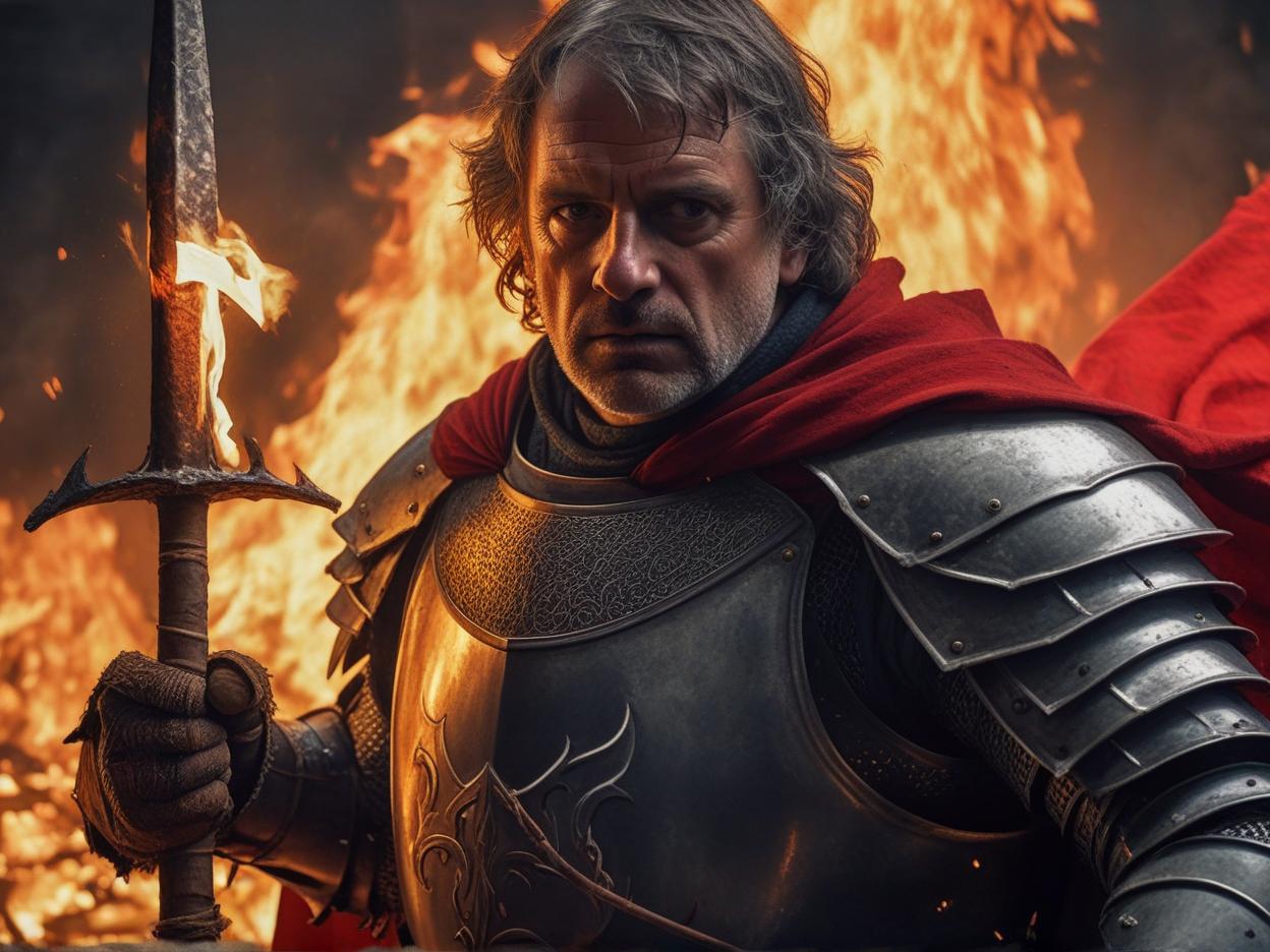  a ragged stern middle aged male knight standing in front of a fire while wielding a spear, wearing a red cape