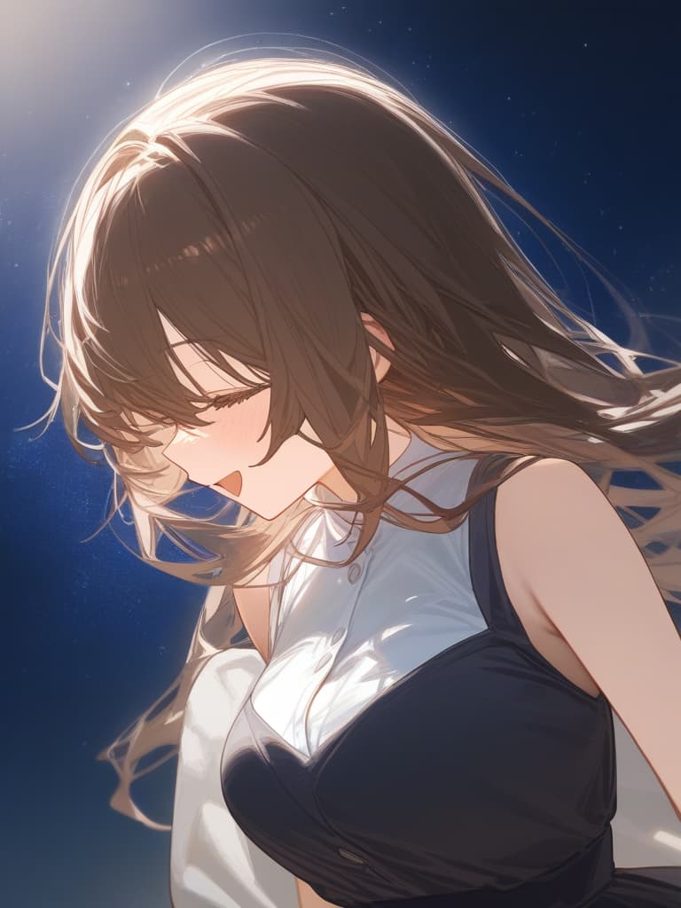  a girl who is laughing at me, bright brown hair, long hair, transparent fleeting, facing here, laughing, under the starry sky, facing here, i am looking at me, wearing a white cardigan over the black sleeveless dress, above the chest, masterpiece, best quality,8k,ultra detailed,high resolution,an extremely delicate and beautiful,hyper detail