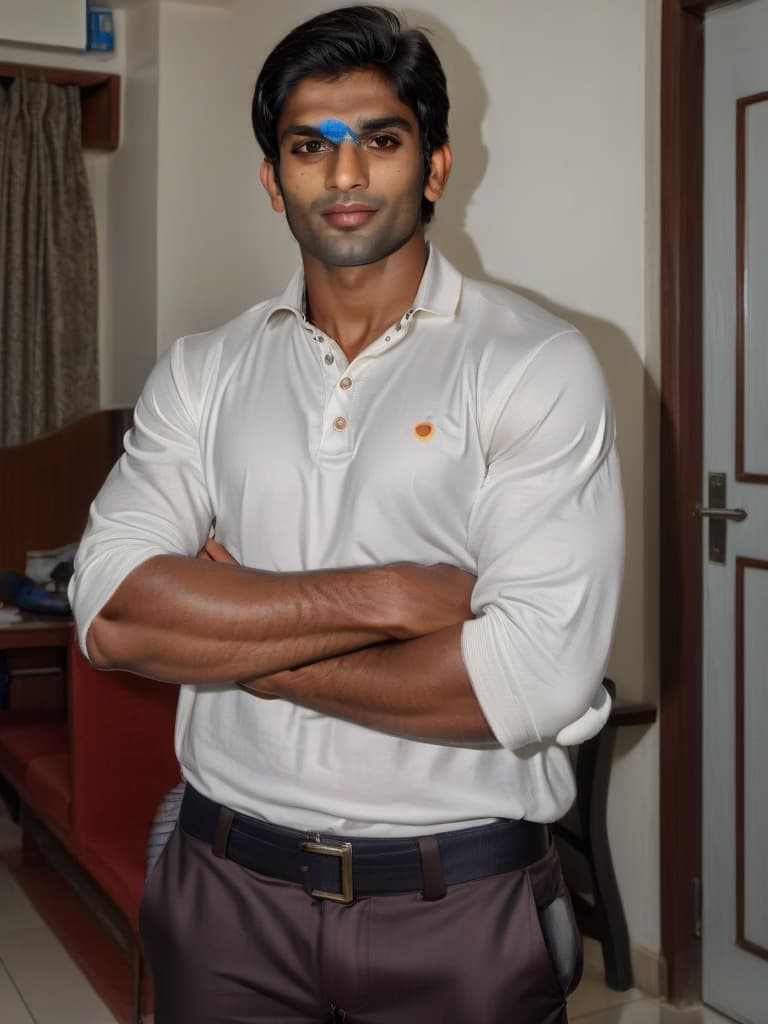  a handsome muscular indian cricketer with clean shaved face ready to play