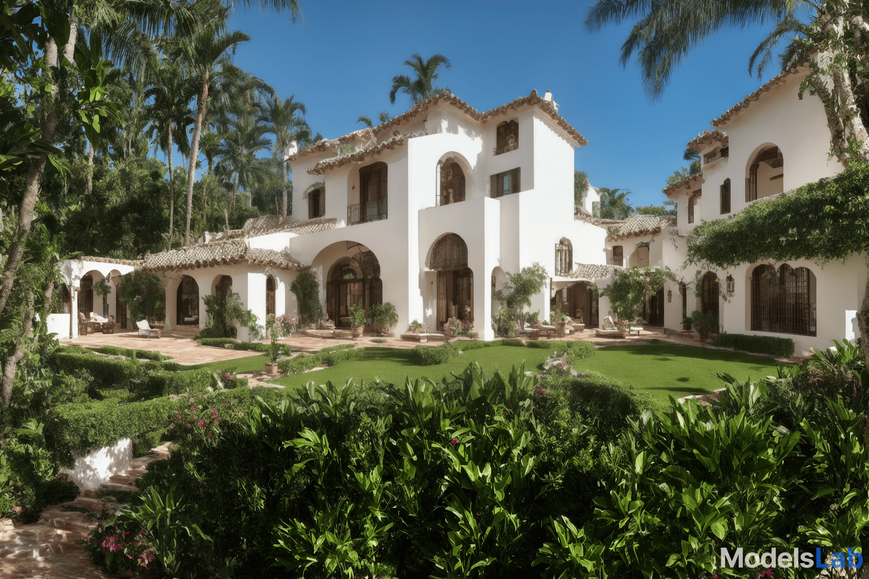  traditional cozy spanish style beautiful villa, beautiful tropical garden, cozy pool hyperrealistic, full body, detailed clothing, highly detailed, cinematic lighting, stunningly beautiful, intricate, sharp focus, f/1. 8, 85mm, (centered image composition), (professionally color graded), ((bright soft diffused light)), volumetric fog, trending on instagram, trending on tumblr, HDR 4K, 8K