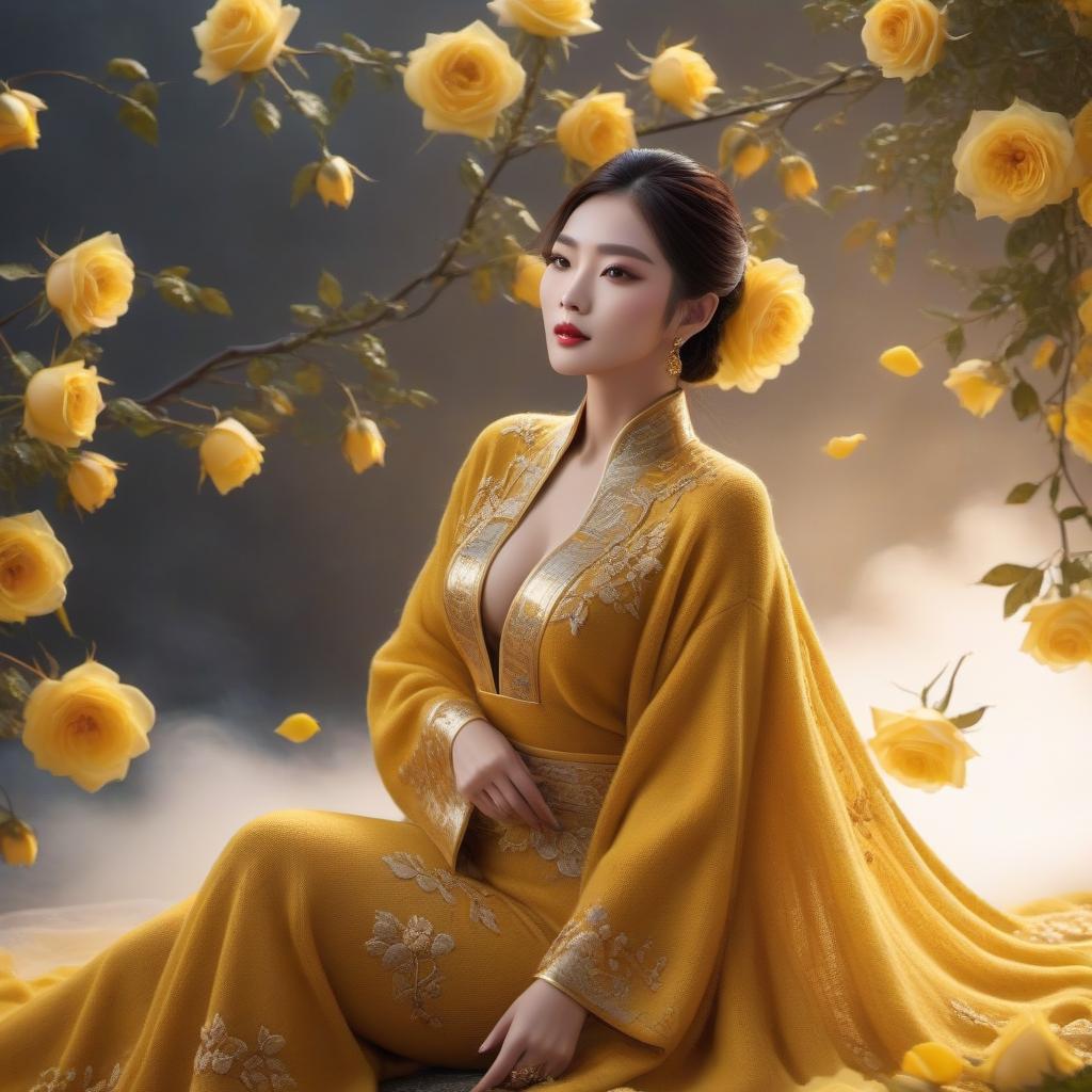  Knitted Chinese wool, yellow roses, gold brocade background, realistic color photo hyperrealistic, full body, detailed clothing, highly detailed, cinematic lighting, stunningly beautiful, intricate, sharp focus, f/1. 8, 85mm, (centered image composition), (professionally color graded), ((bright soft diffused light)), volumetric fog, trending on instagram, trending on tumblr, HDR 4K, 8K