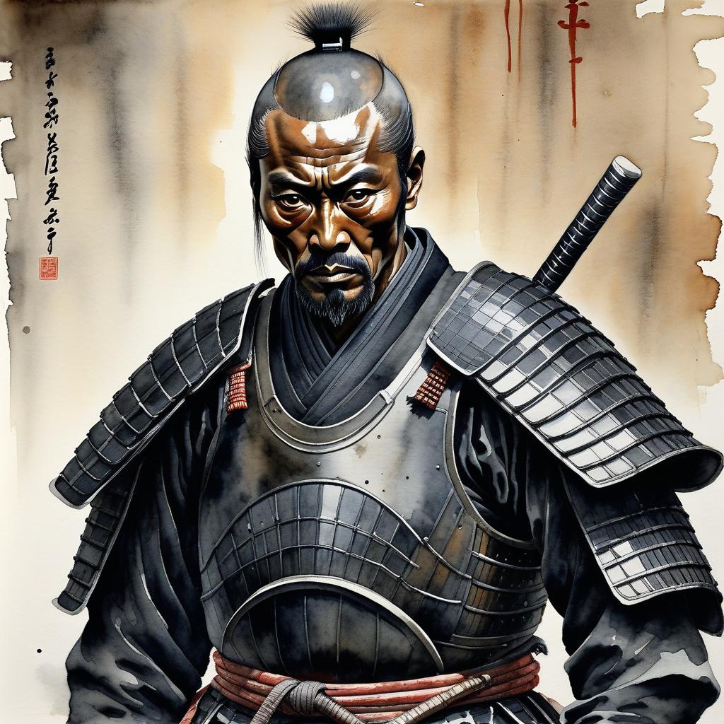  a tall, thin samurai of indeterminate age, in full quality black samurai armor. sickly white skin, (sharp predatory features, his face looks gloomy and exhausted), there are dark circles under his eyes from fatigue (his hair is long and black with rare gray strands). his whole appearance makes a gloomy and stern impression. (dim, watercolor 2 but extremely beautiful:1.4), (intricate details, masterpiece, best quality:1.4), japanese style ink drawing, ink drawing, ink wash, japanese style ink drawing, looking at viewer