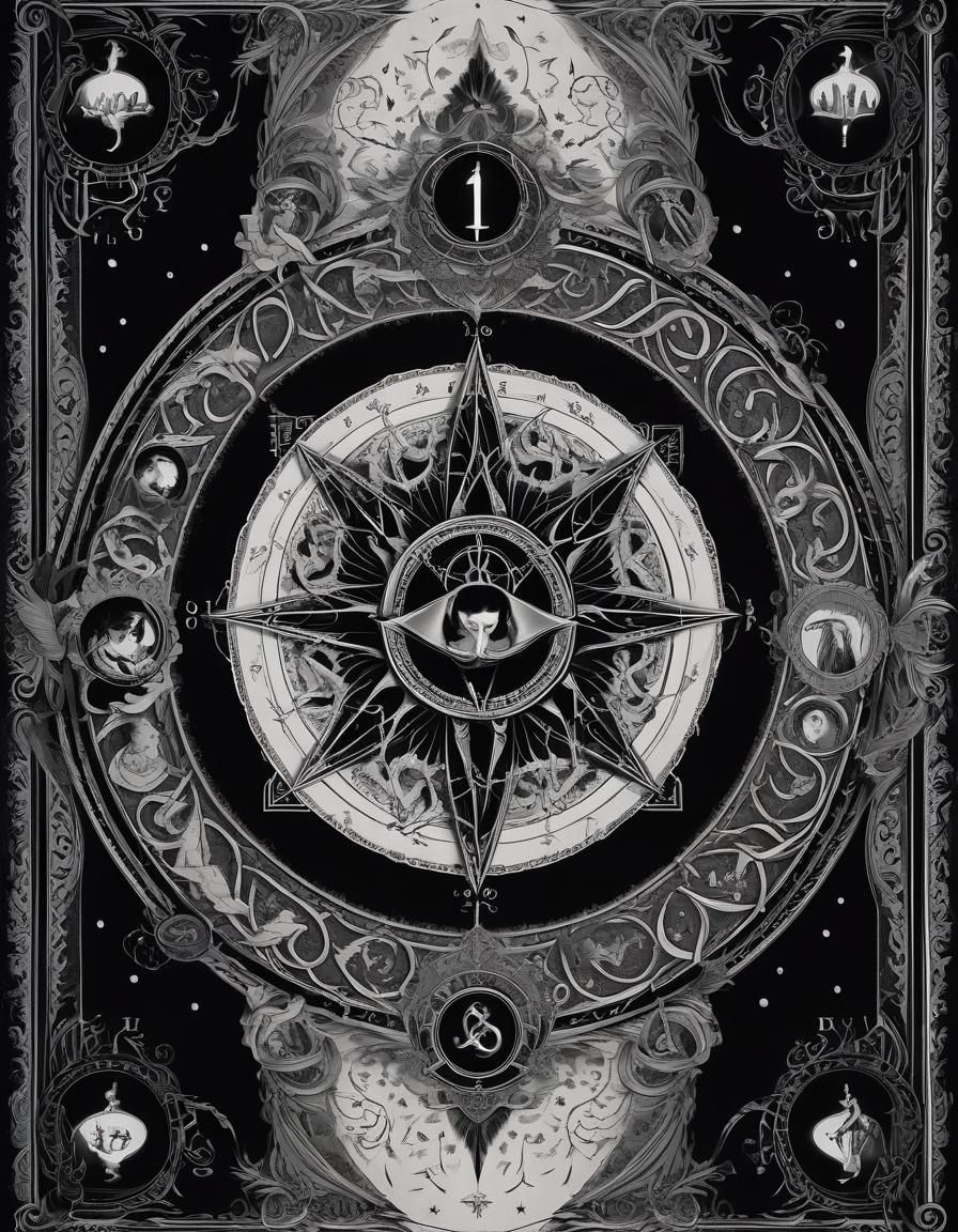  film noir style a black and white grimoire side page decoration with all themed occult and witchy with delicate, intricate dark occult patterns . monochrome, high contrast, dramatic shadows, 1940s style, mysterious, cinematic