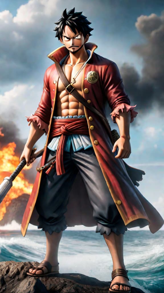  anime art: luffy's advanced conqueror's haki overwhelms blackbeard, bypassing his defenses in a climactic battle. hyperrealistic, full body, detailed clothing, highly detailed, cinematic lighting, stunningly beautiful, intricate, sharp focus, f/1. 8, 85mm, (centered image composition), (professionally color graded), ((bright soft diffused light)), volumetric fog, trending on instagram, trending on tumblr, HDR 4K, 8K