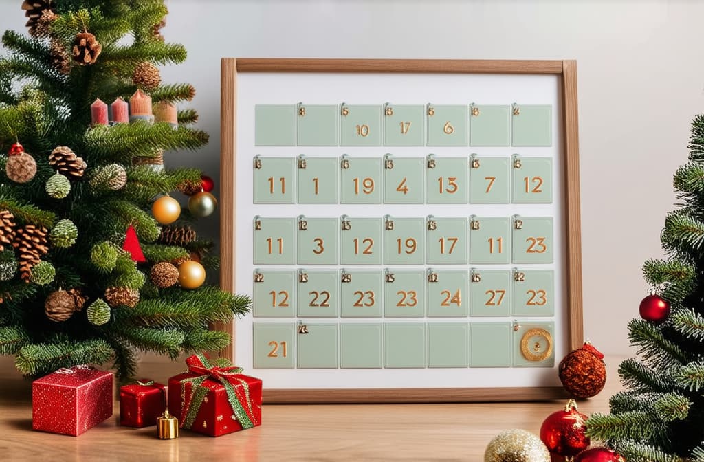  professional detailed photography, advent calendar with numbered windows surrounded by christmas decor ar 3:2, (muted colors, dim colors, soothing tones), (vsco:0.3)