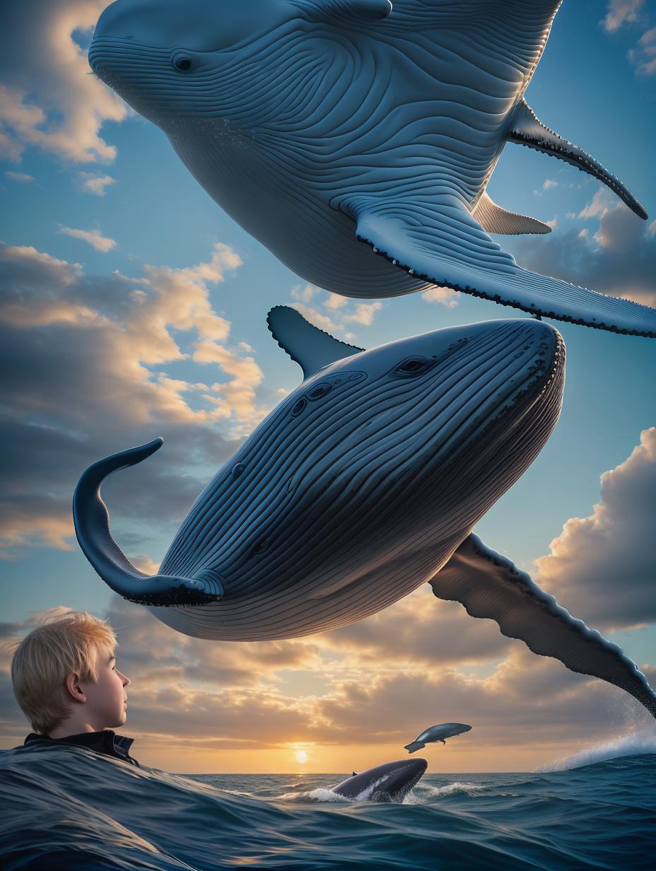  create a hyper realistic image of a """majestic whale flying""" gracefully over a beautiful, calm sea. on the ""whale's back, a young boy"" with blond hair and green eyes sits confidently, his hands gently resting on the whale's smooth skin.the focus is on the whale's face and the boy's face, capturing their expressions. hyperrealistic, full body, detailed clothing, highly detailed, cinematic lighting, stunningly beautiful, intricate, sharp focus, f/1. 8, 85mm, (centered image composition), (professionally color graded), ((bright soft diffused light)), volumetric fog, trending on instagram, trending on tumblr, HDR 4K, 8K