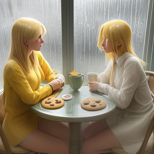  two friends with blond hair with green eyes and long eyelashes sitting at a table opposite each other on a table two yellow mugs and cookies in the form of maple leaf outside the window heavy rain and lightning