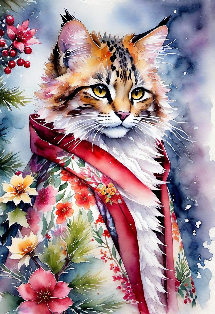  fairy tale christmas trees with cones, wild cat in a kimono, (double exposure: 1.4). (soft textured paper). alcohol ink of (bright) flowers. the incompleteness effect. tenderness of watercolors, winter, delicate colors. thin white lines. emotion. light relief pattern. in harrison fisher's manner. . magical, fantastical, enchanting, storybook style, highly detailed