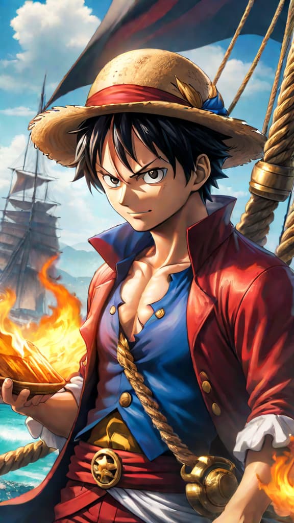  anime art: luffy's legacy reshapes the pirate era with freedom, adventure, and breaking tyranny's chains. hyperrealistic, full body, detailed clothing, highly detailed, cinematic lighting, stunningly beautiful, intricate, sharp focus, f/1. 8, 85mm, (centered image composition), (professionally color graded), ((bright soft diffused light)), volumetric fog, trending on instagram, trending on tumblr, HDR 4K, 8K