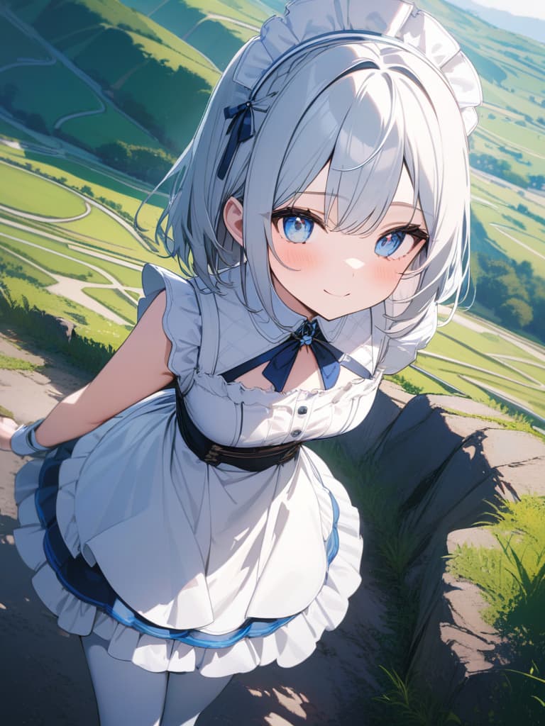  big s, silver hair, blue eyes, white maid, white headdress, beautiful , cute, white tights, front, large s, smiles, valley, huge s, masterpiece, best quality,8k,ultra detailed,high resolution,an extremely delicate and beautiful,hyper detail